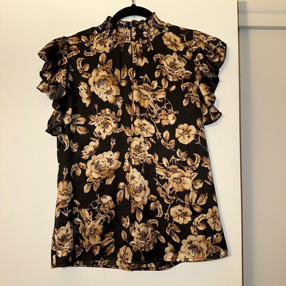 SHEIN Small Ruffle Sleeve Mock Neck Womens Flow Shirt Black Tan Floral EUC
